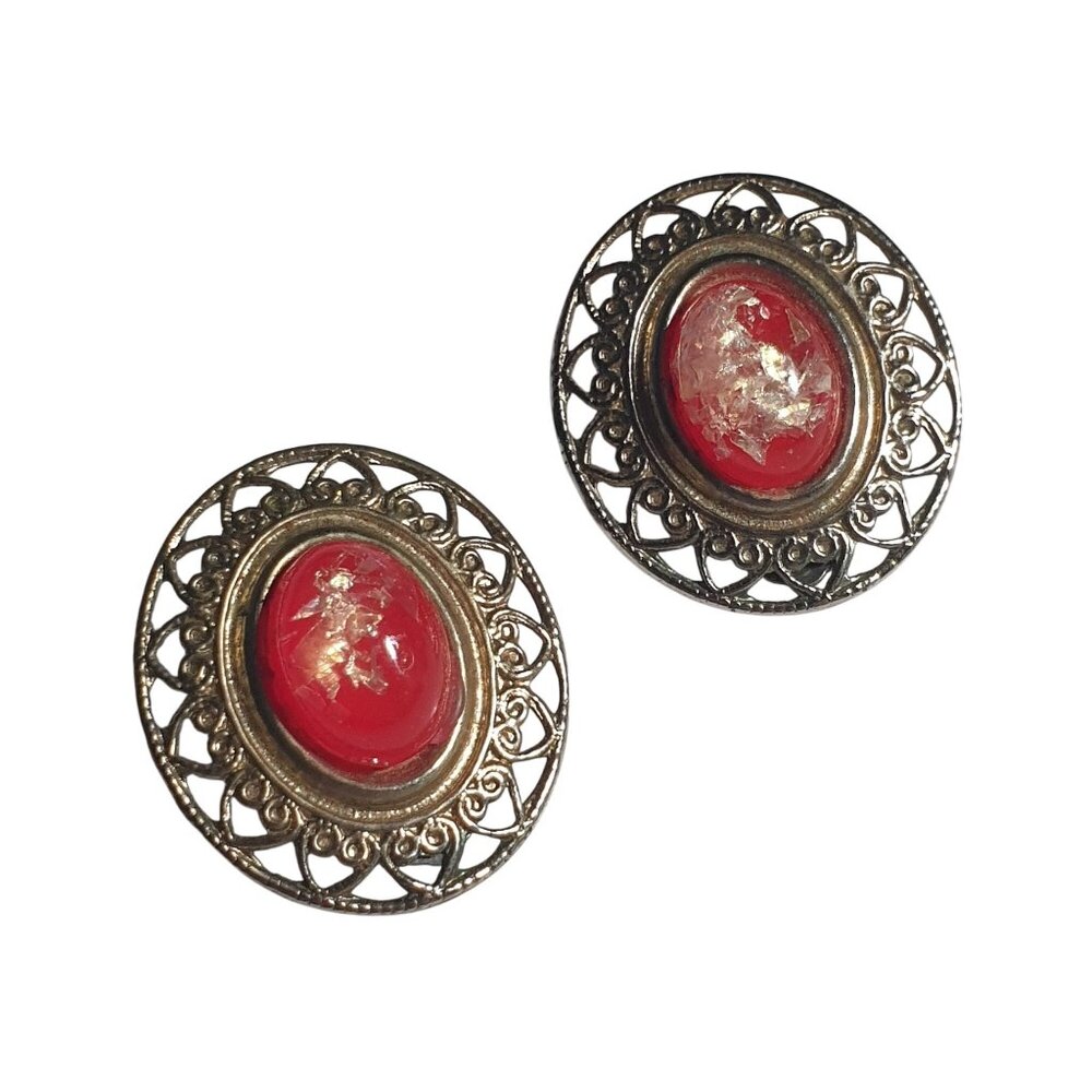 Vintage Oval Clip On Earrings Red Gold Filigree Metal Setting Retro Costume Gift